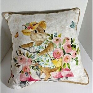 Throw Pillow Bunny Rabbit Butterfly Flowers Scooter Easter 16×16" Unbranded